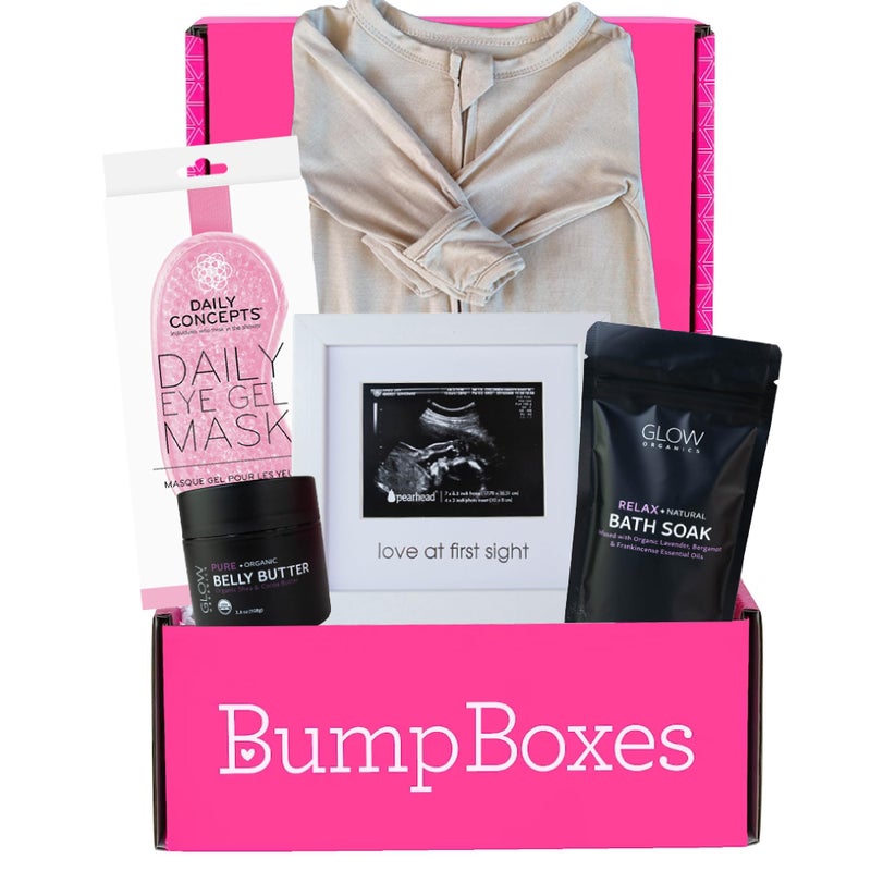 Bump Boxes 2nd Trimester Gift Set, Complete Pregnancy Care Package with Belly Butter, Bath Soak, Baby Footed Sleeper, Sonogram Frame and Eye Mask - Image 1